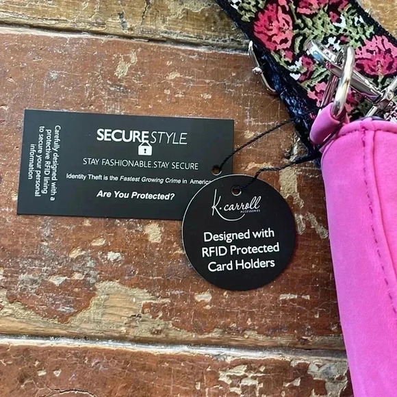 K Carroll May vegan suede crossbody, guitar/matching strap, RFID, Hot Pink NWT - Picture 5 of 5